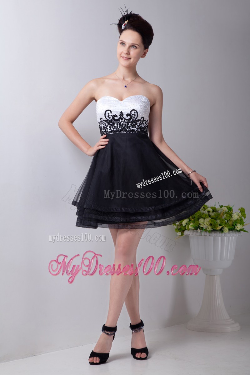Mini-length Sweetheart White and Black Organza Prom Nightclub Dress