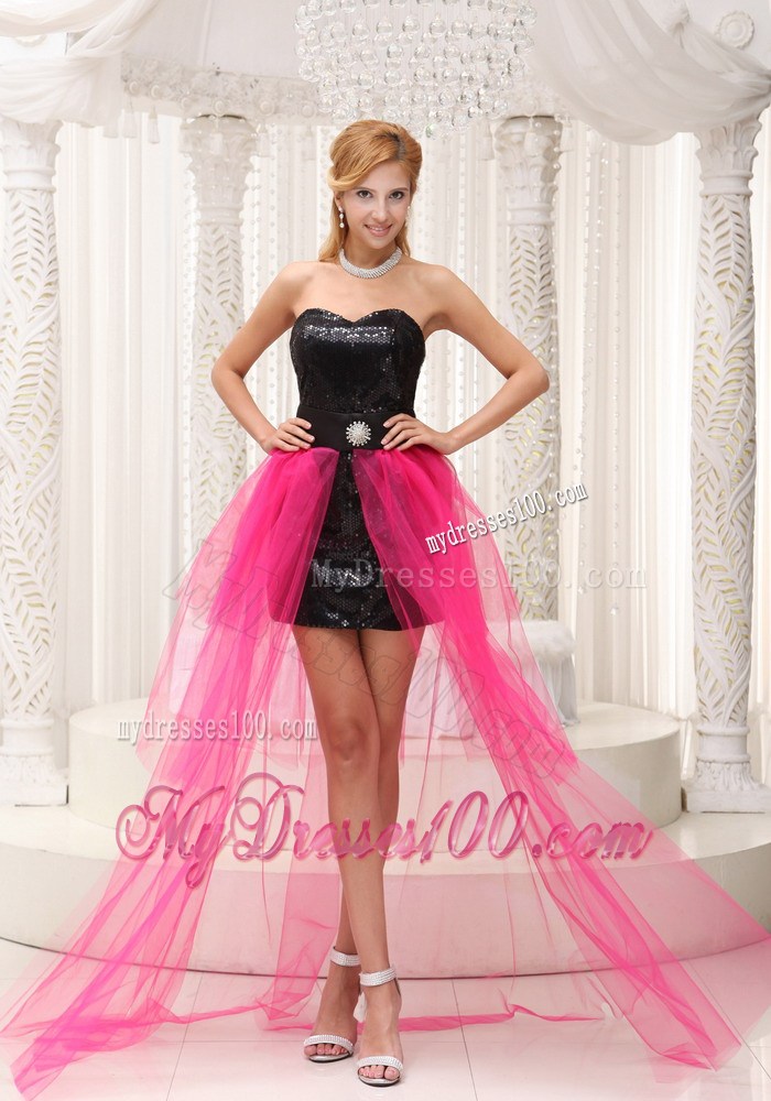 Strapless Black and Hot Pink High-Low Celebrity Dress with Black Paillette