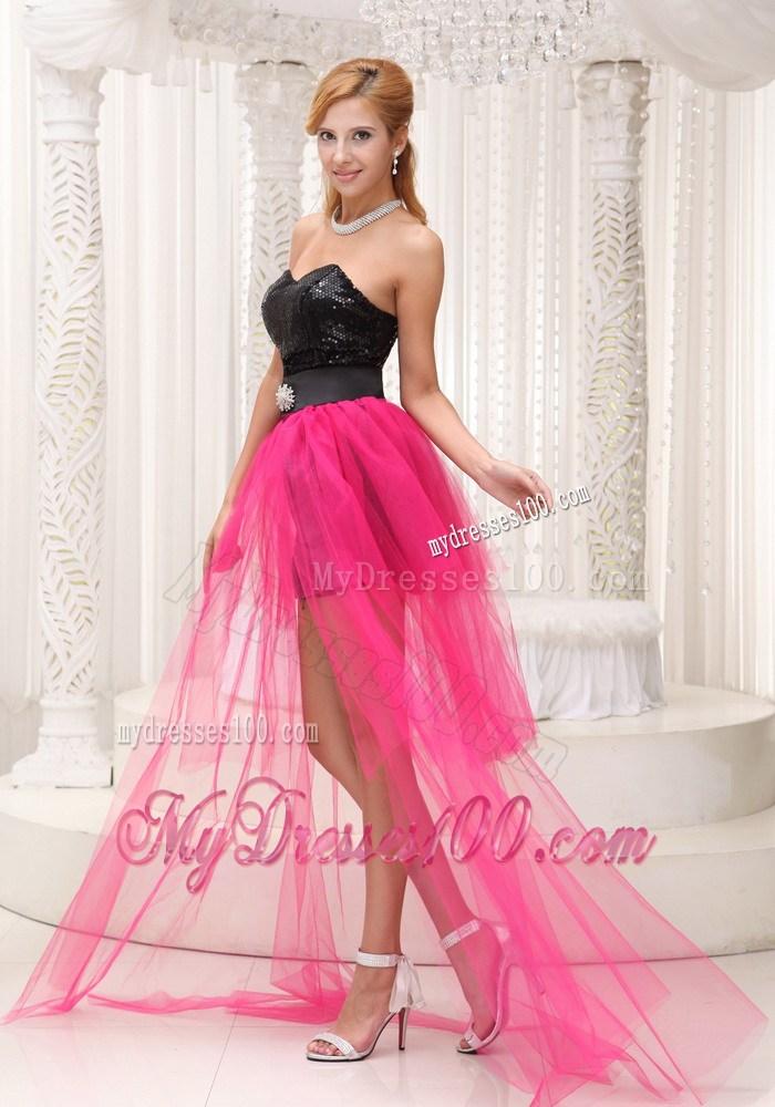 Strapless Black and Hot Pink High-Low Celebrity Dress with Black Paillette