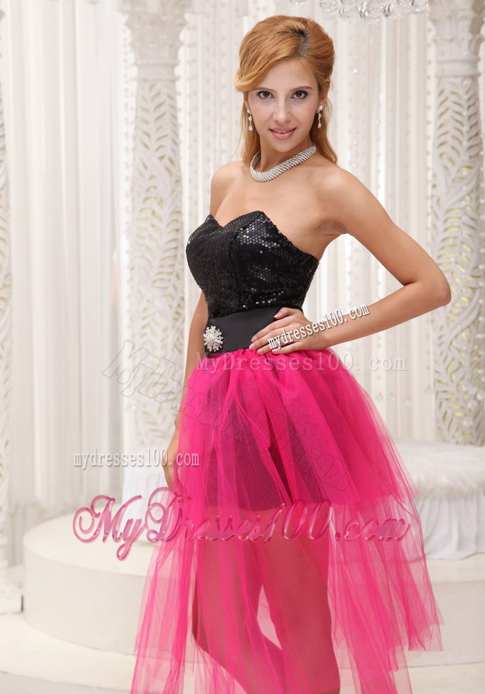 Strapless Black and Hot Pink High-Low Celebrity Dress with Black Paillette