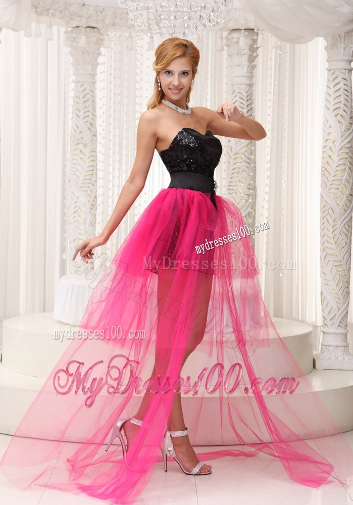 Strapless Black and Hot Pink High-Low Celebrity Dress with Black Paillette
