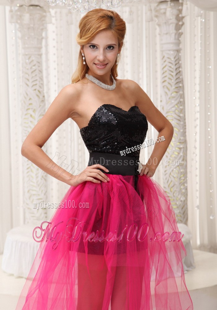 Strapless Black and Hot Pink High-Low Celebrity Dress with Black Paillette