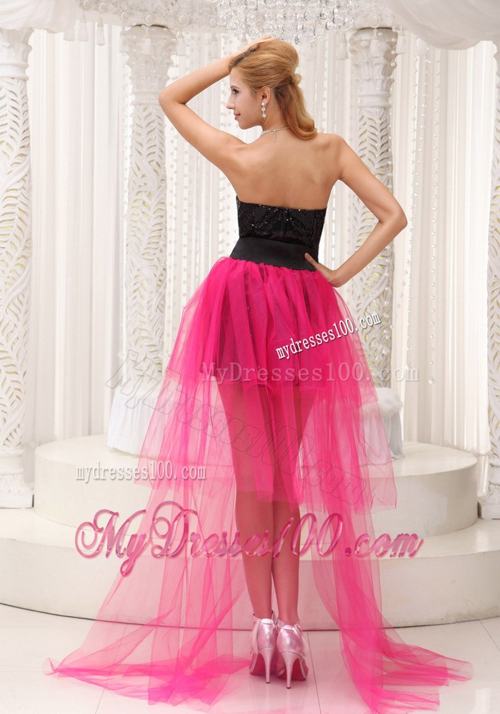 Strapless Black and Hot Pink High-Low Celebrity Dress with Black Paillette