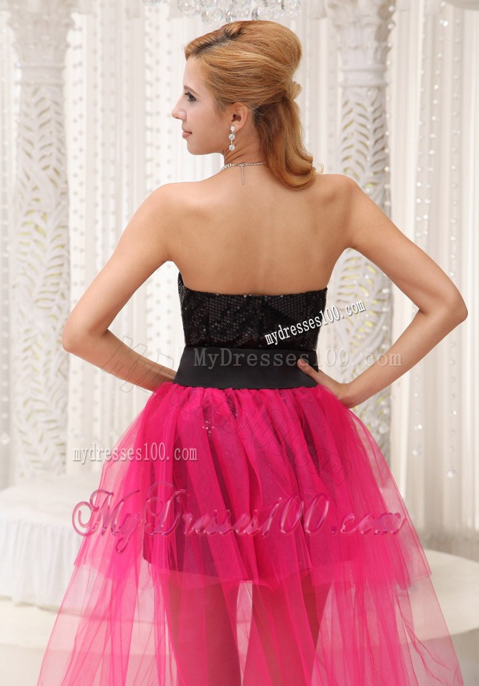Strapless Black and Hot Pink High-Low Celebrity Dress with Black Paillette