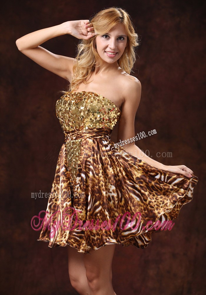 A-line Brown Leopard Sequins Decorated 2013 Prom Cocktail Dress