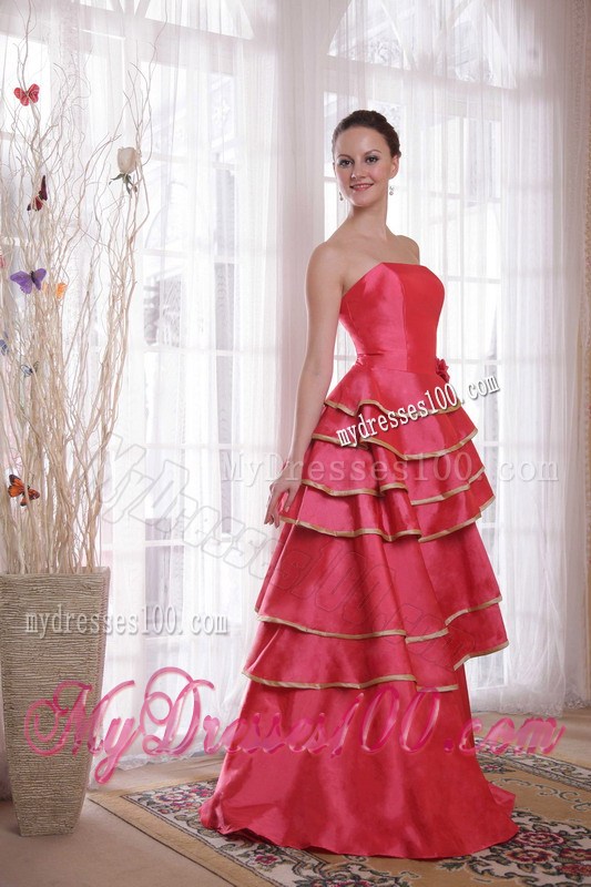 A-line Strapless Floor-length Coral Red Satin Prom Dress with Layers