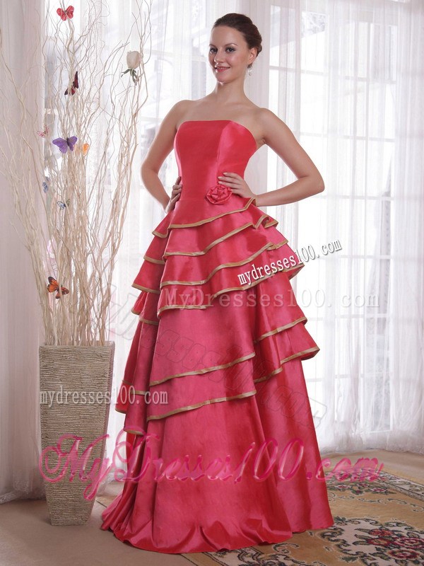 A-line Strapless Floor-length Coral Red Satin Prom Dress with Layers