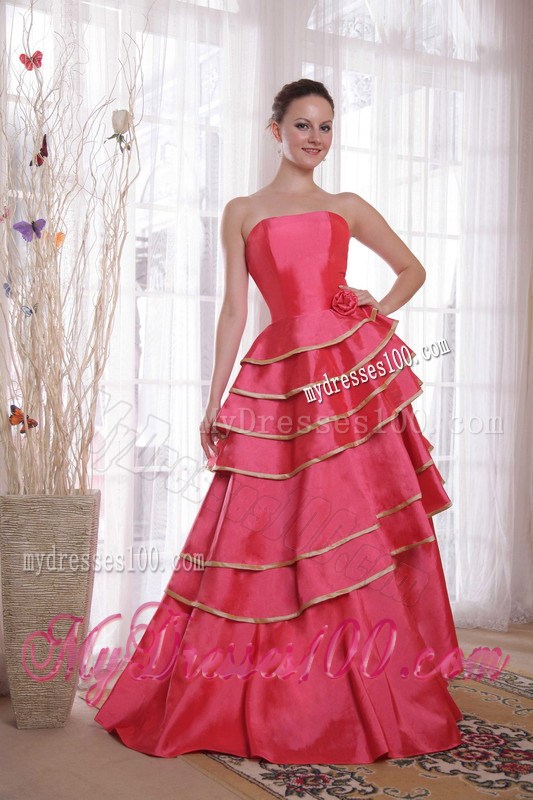 A-line Strapless Floor-length Coral Red Satin Prom Dress with Layers