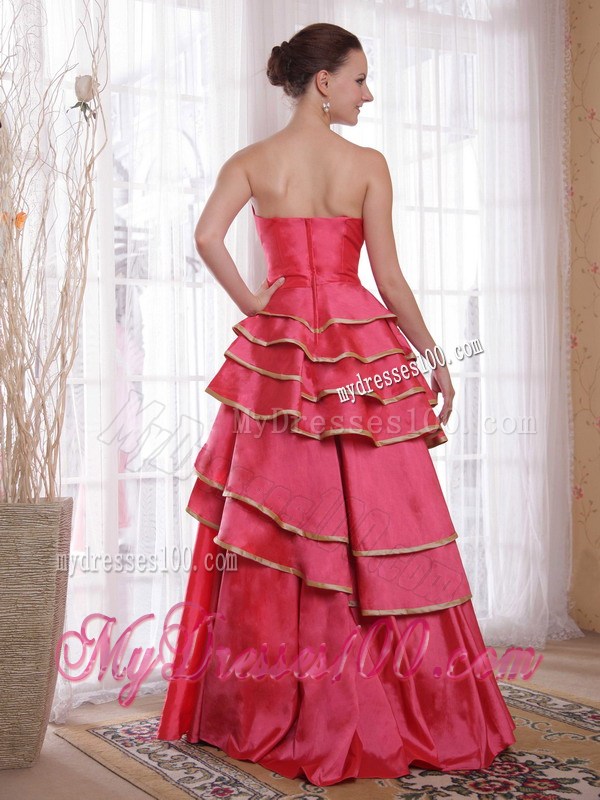 A-line Strapless Floor-length Coral Red Satin Prom Dress with Layers