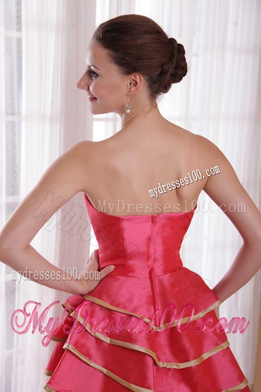 A-line Strapless Floor-length Coral Red Satin Prom Dress with Layers