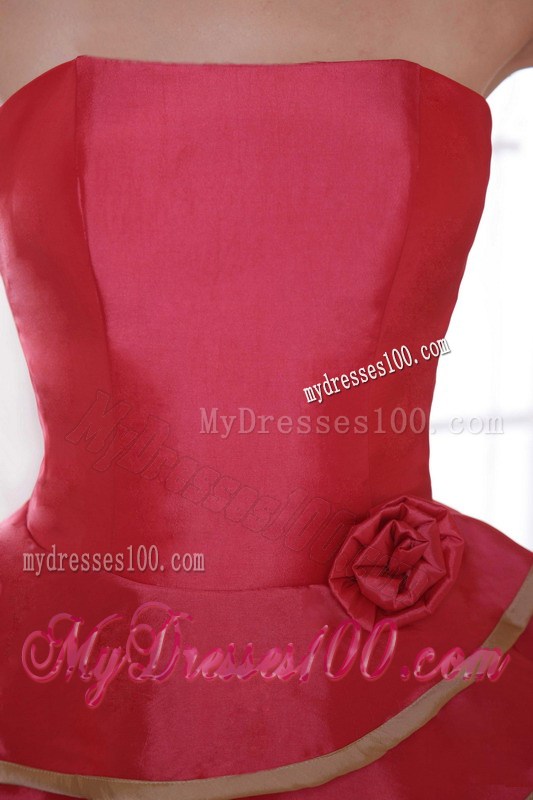 A-line Strapless Floor-length Coral Red Satin Prom Dress with Layers