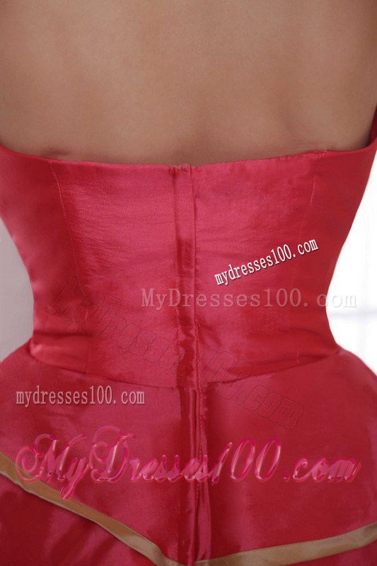 A-line Strapless Floor-length Coral Red Satin Prom Dress with Layers