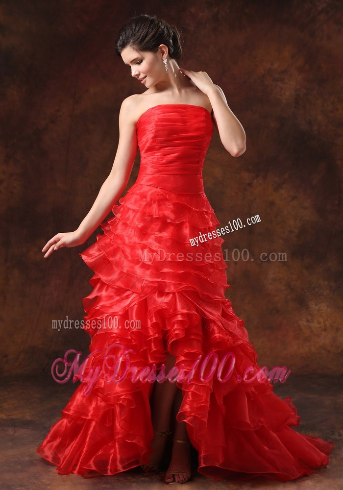 Red Ruffled Layers Ruched Bodice For 2013 High Slit Prom Dress