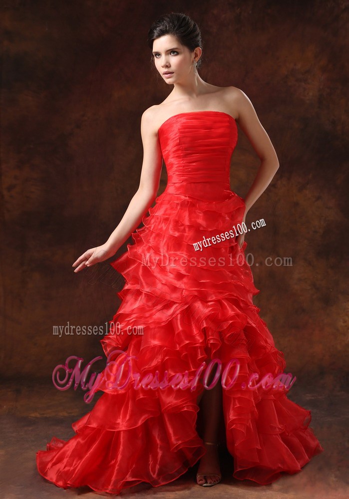 Red Ruffled Layers Ruched Bodice For 2013 High Slit Prom Dress