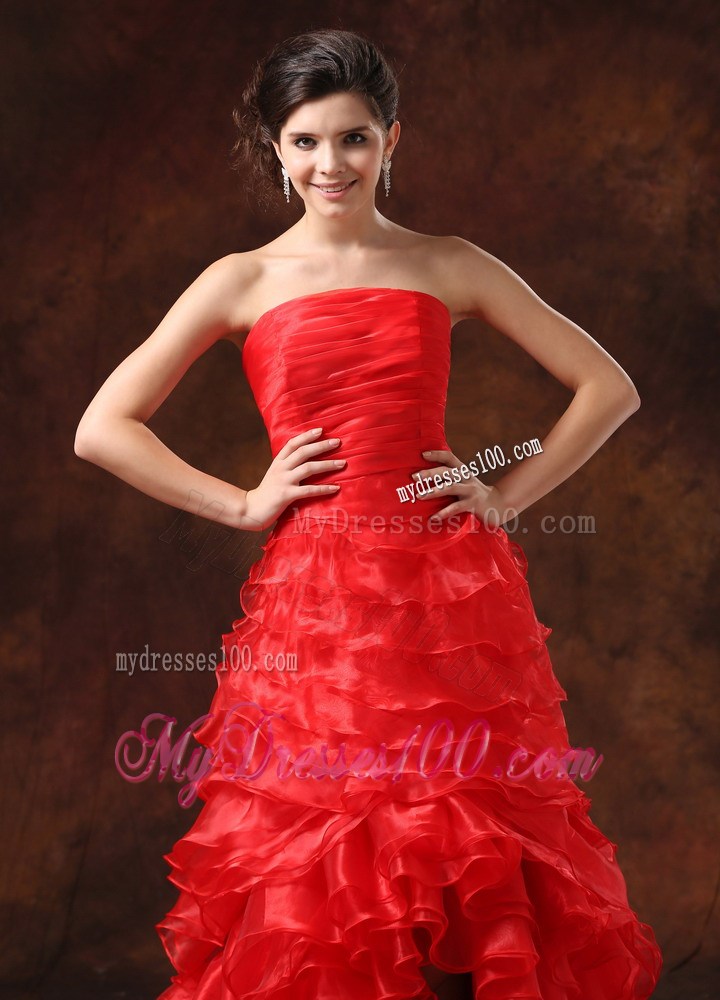 Red Ruffled Layers Ruched Bodice For 2013 High Slit Prom Dress