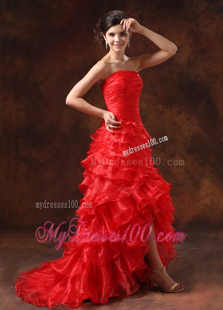 Red Ruffled Layers Ruched Bodice For 2013 High Slit Prom Dress