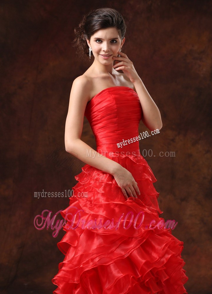 Red Ruffled Layers Ruched Bodice For 2013 High Slit Prom Dress