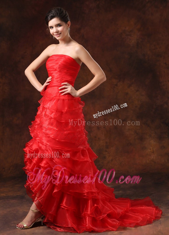 Red Ruffled Layers Ruched Bodice For 2013 High Slit Prom Dress