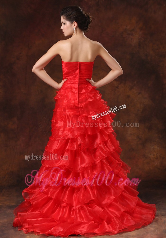 Red Ruffled Layers Ruched Bodice For 2013 High Slit Prom Dress