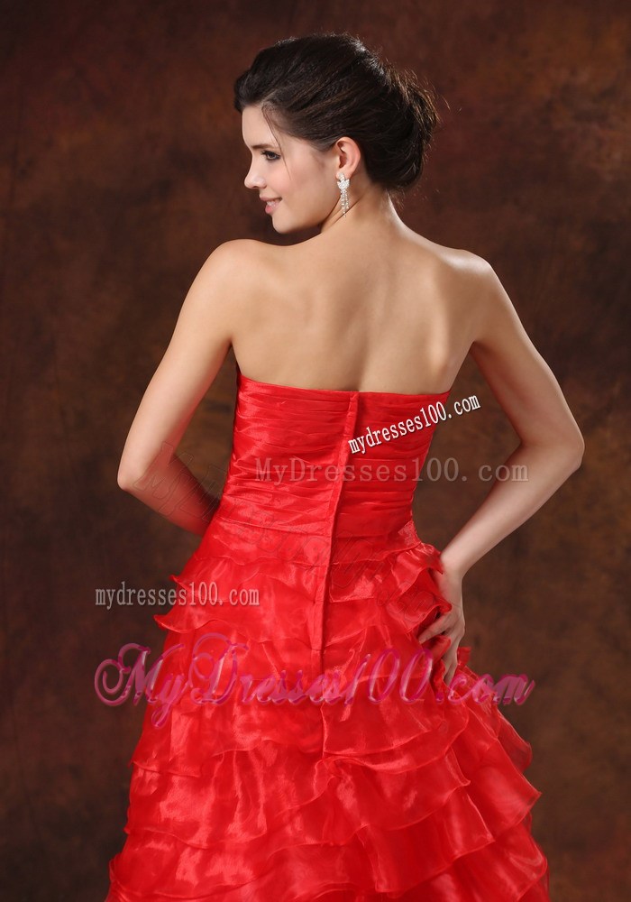 Red Ruffled Layers Ruched Bodice For 2013 High Slit Prom Dress