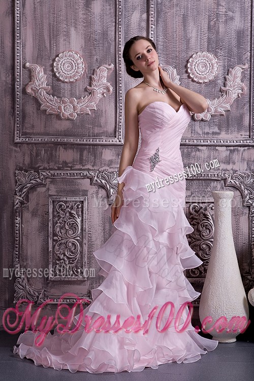 Criss-cross Column Brush Prom Dress with Ruffled Layers in Baby Pink