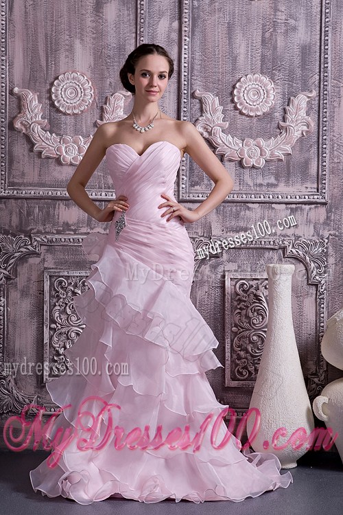 Criss-cross Column Brush Prom Dress with Ruffled Layers in Baby Pink