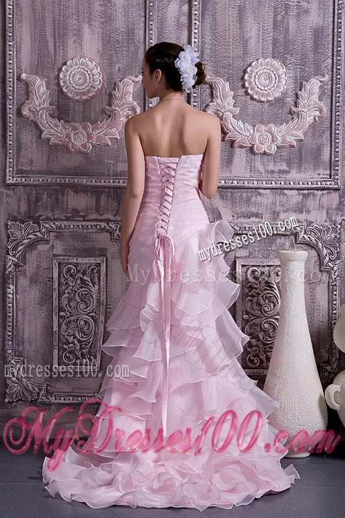 Criss-cross Column Brush Prom Dress with Ruffled Layers in Baby Pink