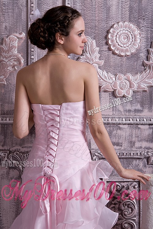 Criss-cross Column Brush Prom Dress with Ruffled Layers in Baby Pink