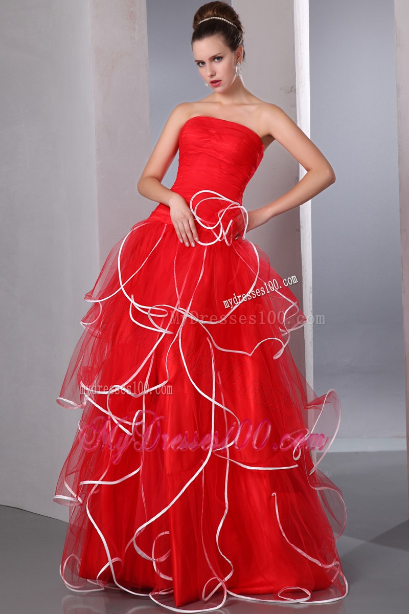 2013 Popular Red Strapless Ruffled Prom Dresses with white hem
