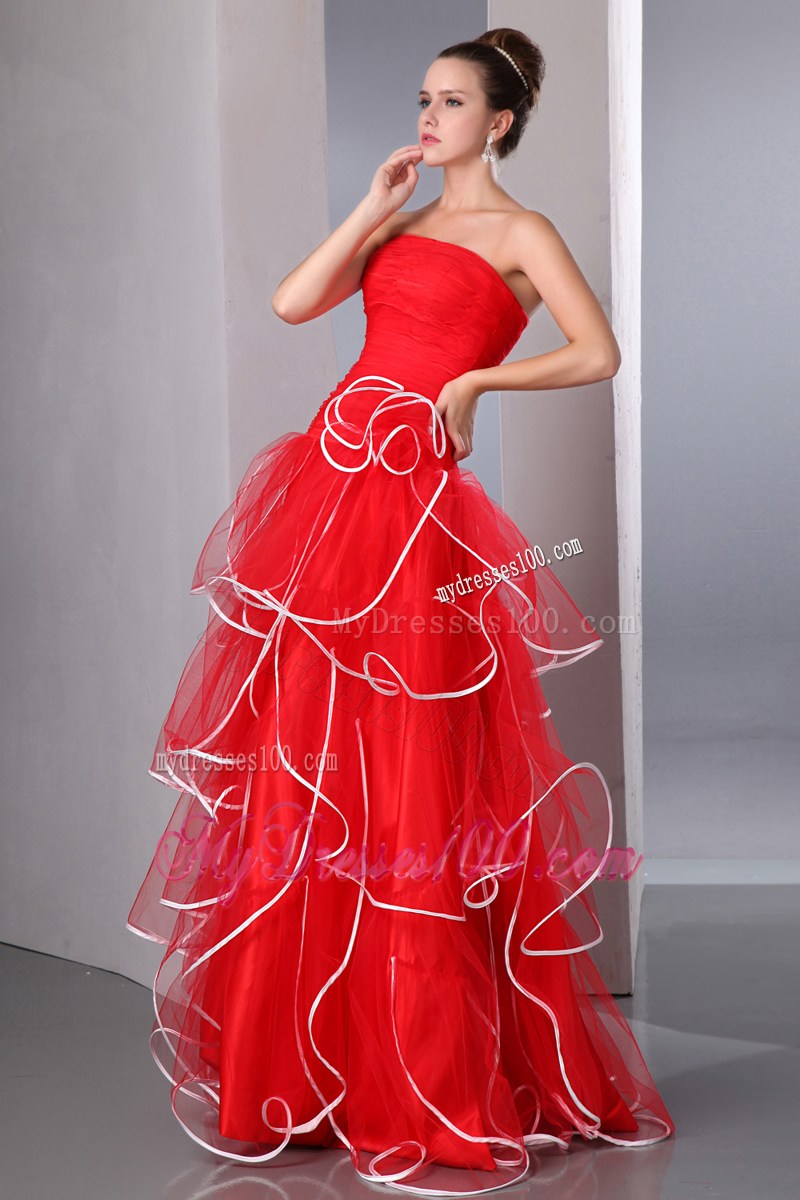 2013 Popular Red Strapless Ruffled Prom Dresses with white hem