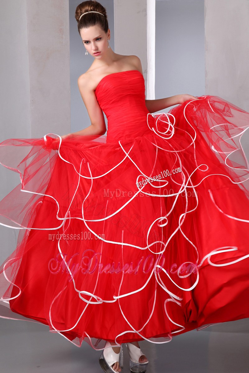 2013 Popular Red Strapless Ruffled Prom Dresses with white hem