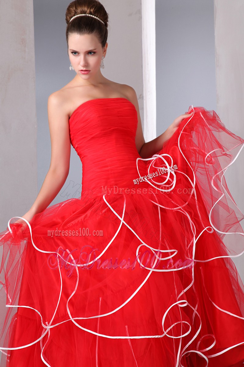 2013 Popular Red Strapless Ruffled Prom Dresses with white hem