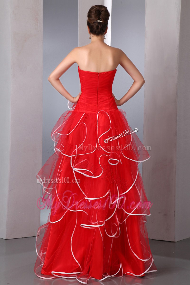 2013 Popular Red Strapless Ruffled Prom Dresses with white hem