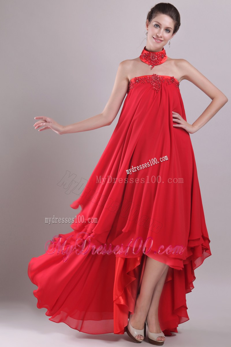 Loose Beaded A-line High-low Prom Dress in Red Layered Chiffon
