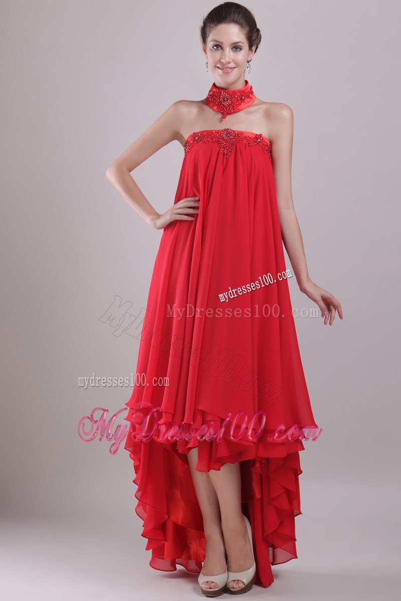Loose Beaded A-line High-low Prom Dress in Red Layered Chiffon