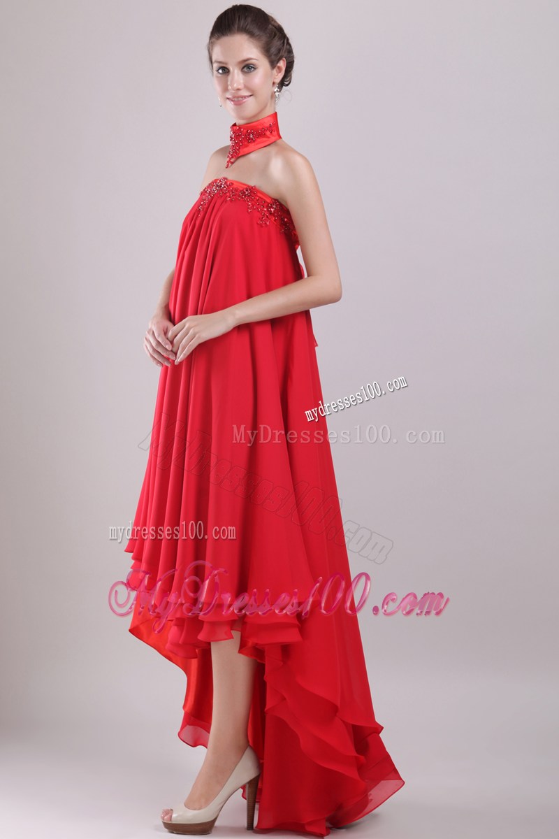 Loose Beaded A-line High-low Prom Dress in Red Layered Chiffon