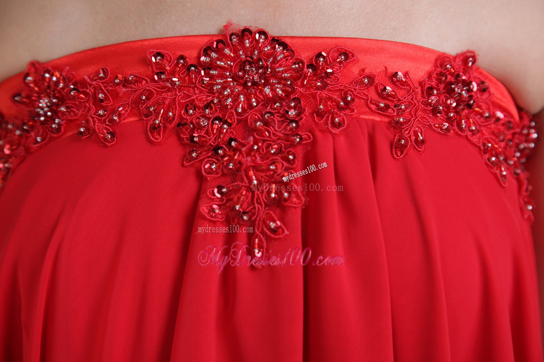 Loose Beaded A-line High-low Prom Dress in Red Layered Chiffon