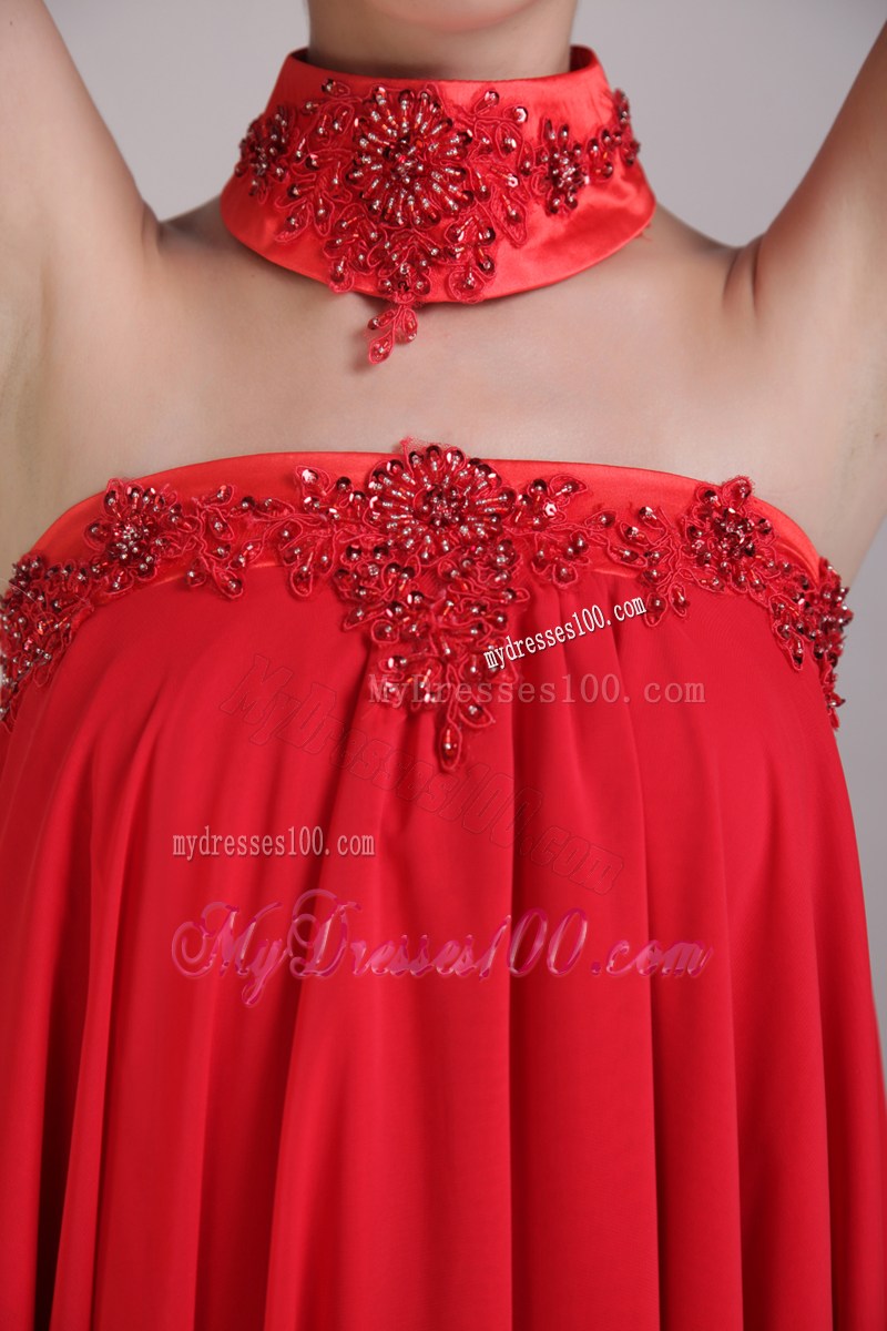 Loose Beaded A-line High-low Prom Dress in Red Layered Chiffon