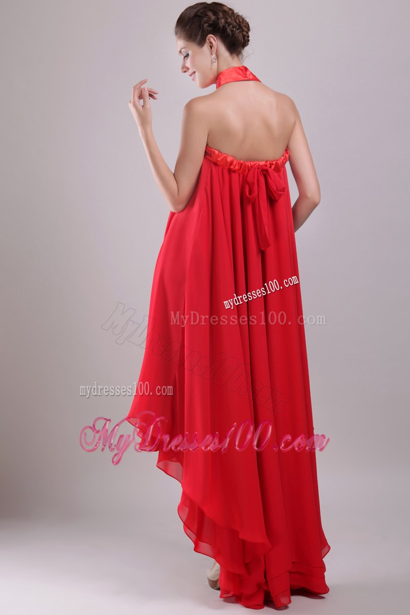 Loose Beaded A-line High-low Prom Dress in Red Layered Chiffon