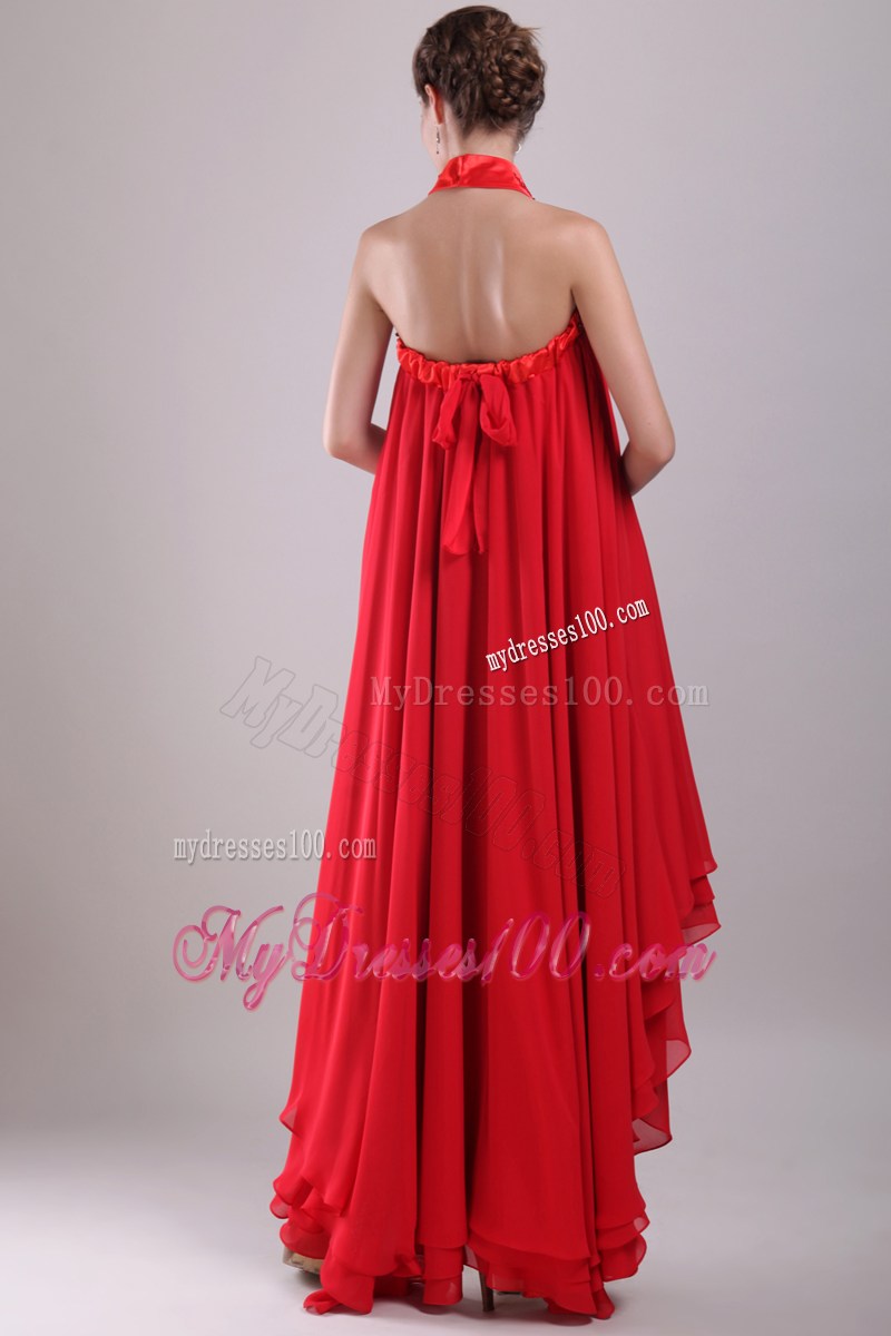 Loose Beaded A-line High-low Prom Dress in Red Layered Chiffon
