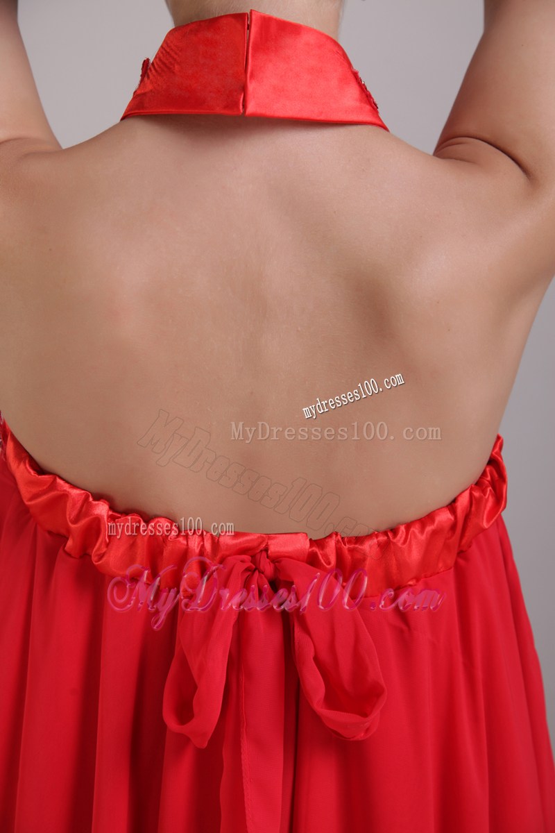 Loose Beaded A-line High-low Prom Dress in Red Layered Chiffon