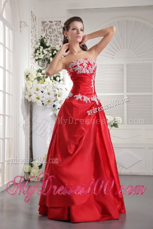 Red A-line Prom Dress of Floor-length with Appliques and Ruches