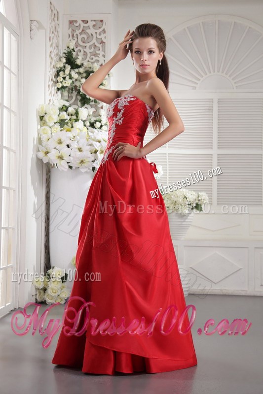 Red A-line Prom Dress of Floor-length with Appliques and Ruches