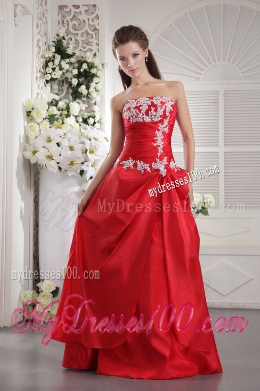 Red A-line Prom Dress of Floor-length with Appliques and Ruches