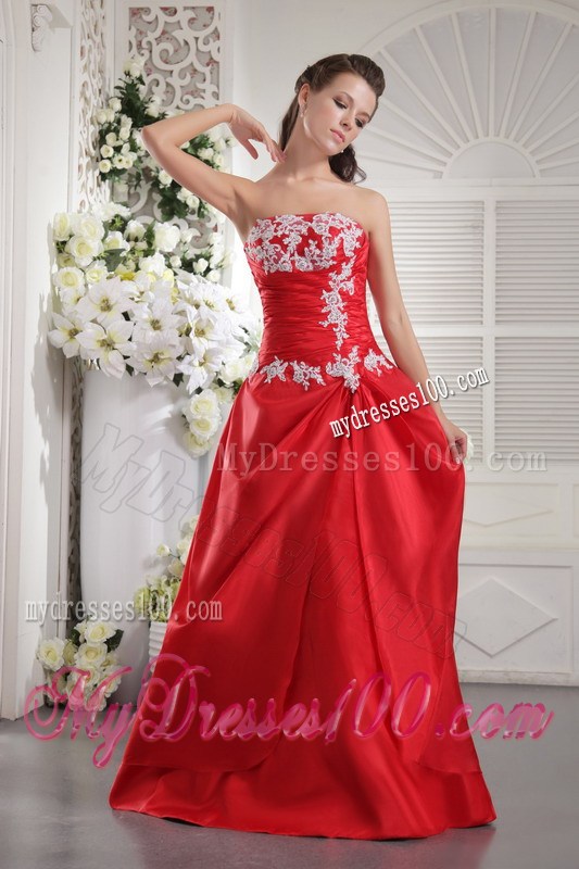Red A-line Prom Dress of Floor-length with Appliques and Ruches