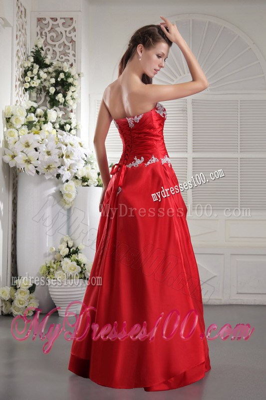 Red A-line Prom Dress of Floor-length with Appliques and Ruches