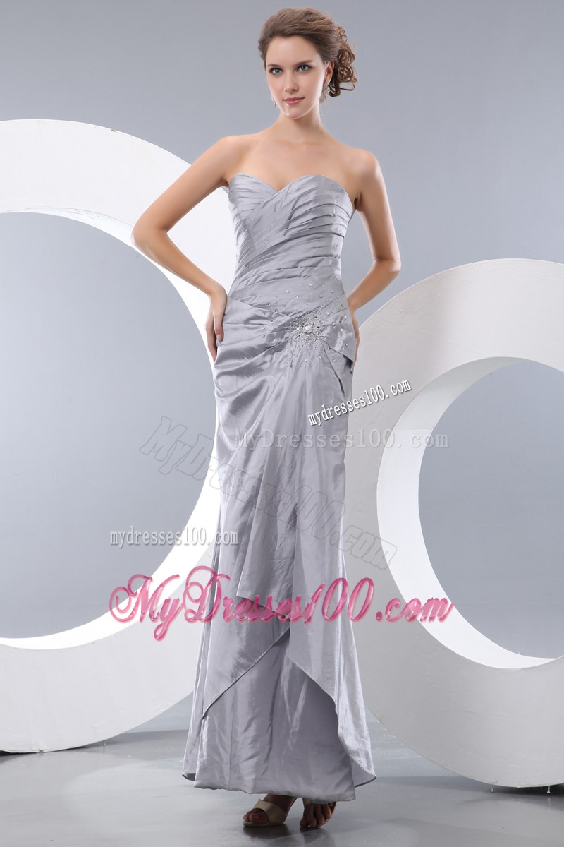 Ruches and Appliques Decorate On Silver Ankle length Prom Dresses