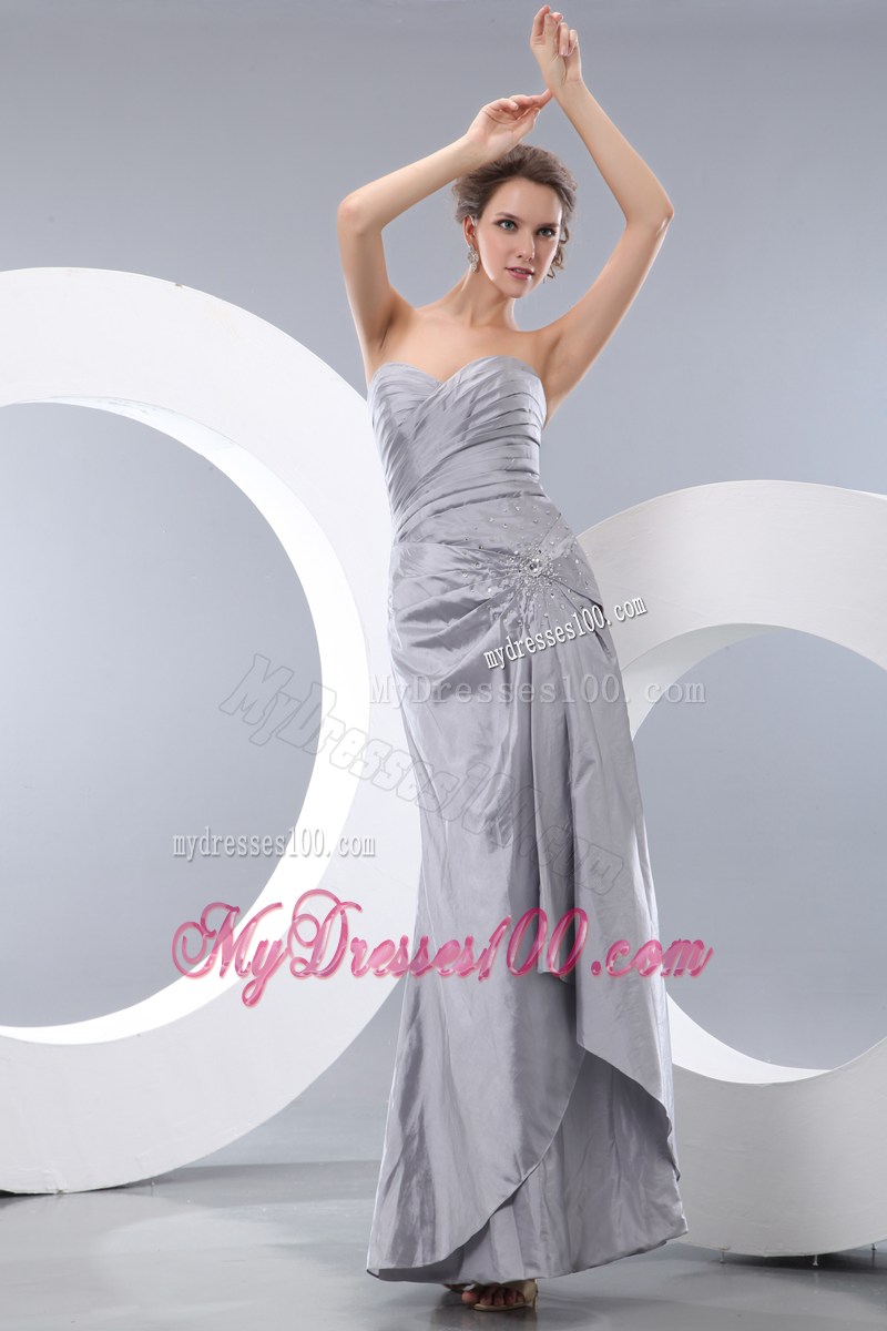Ruches and Appliques Decorate On Silver Ankle length Prom Dresses