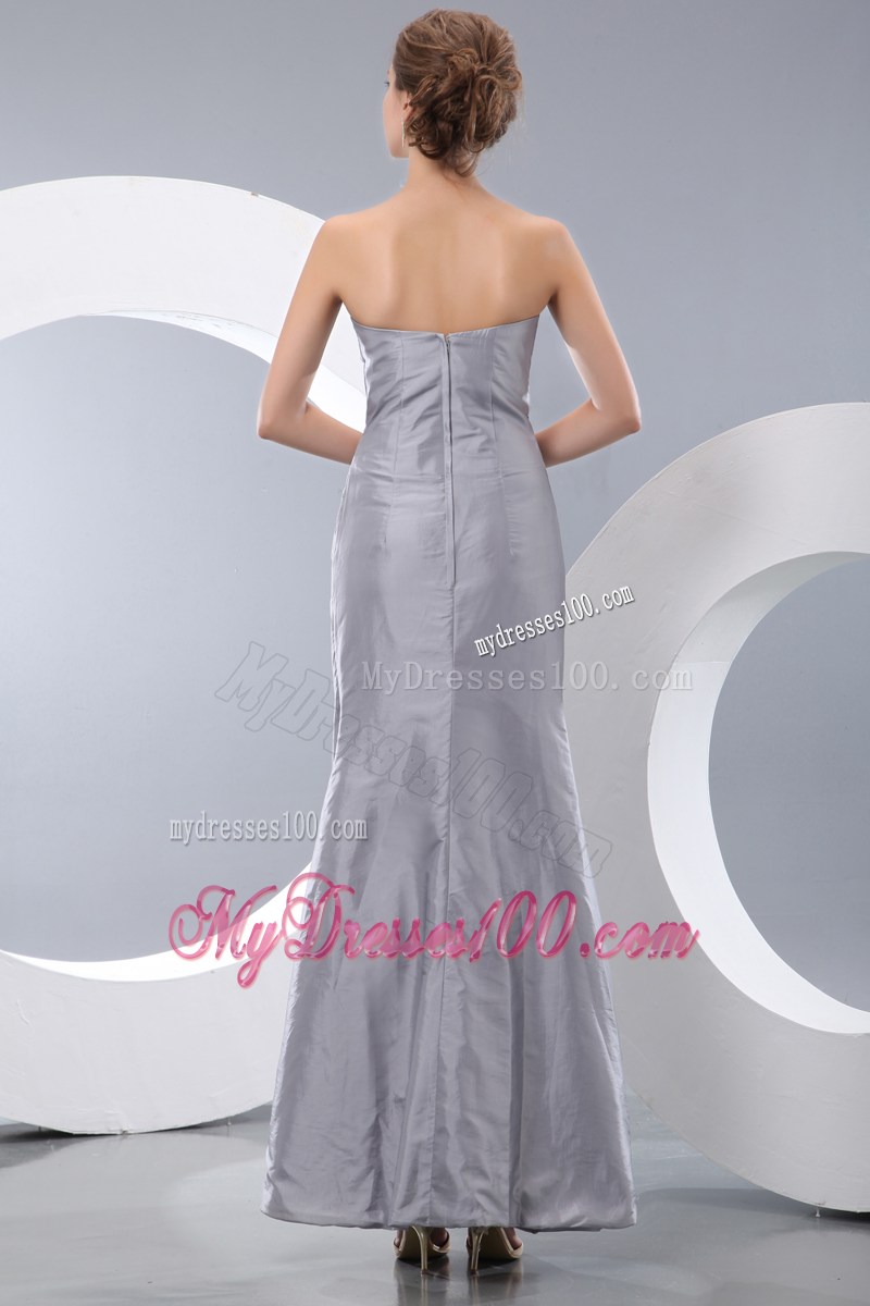Ruches and Appliques Decorate On Silver Ankle length Prom Dresses
