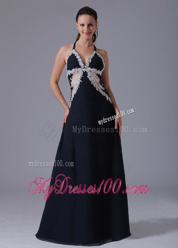 Halter Top Appliques Decorated Floor-length Prom Dress in Navy Blue